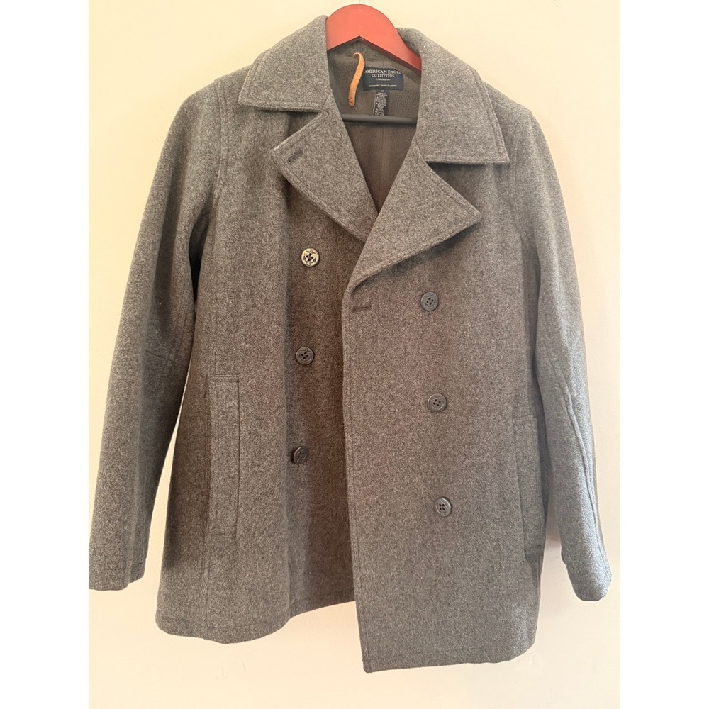 American Eagle Gray Wool Blend Double Breasted Pea Coat Jacket Womens Medium
